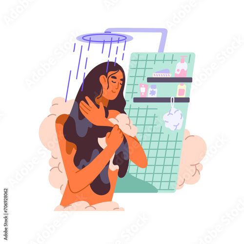 Morning daily routine. Young naked woman bath in shower in bathroom. Girl care about body hygiene. Person in soap foam standing under water, wash hair. Flat isolated vector illustration on white