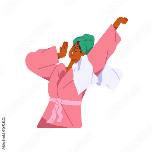 Sleepy woman wakeup early. Girl with towel on head stretches, yawns. Happy female in homely bathrobe after bathing. Daily morning routine. Flat isolated vector illustration on white background