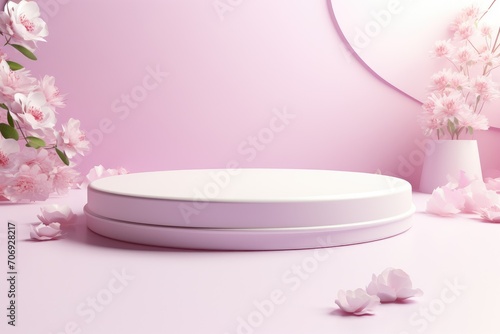 Minimal product display podium with cherry blossom background.