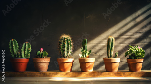 Cacti in pots standing on wooden table near black wall in the rays of the sun, The background is smooth.