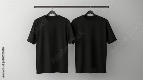 two black T-shirts hanging on a hanger, white background, clothing store advertisement