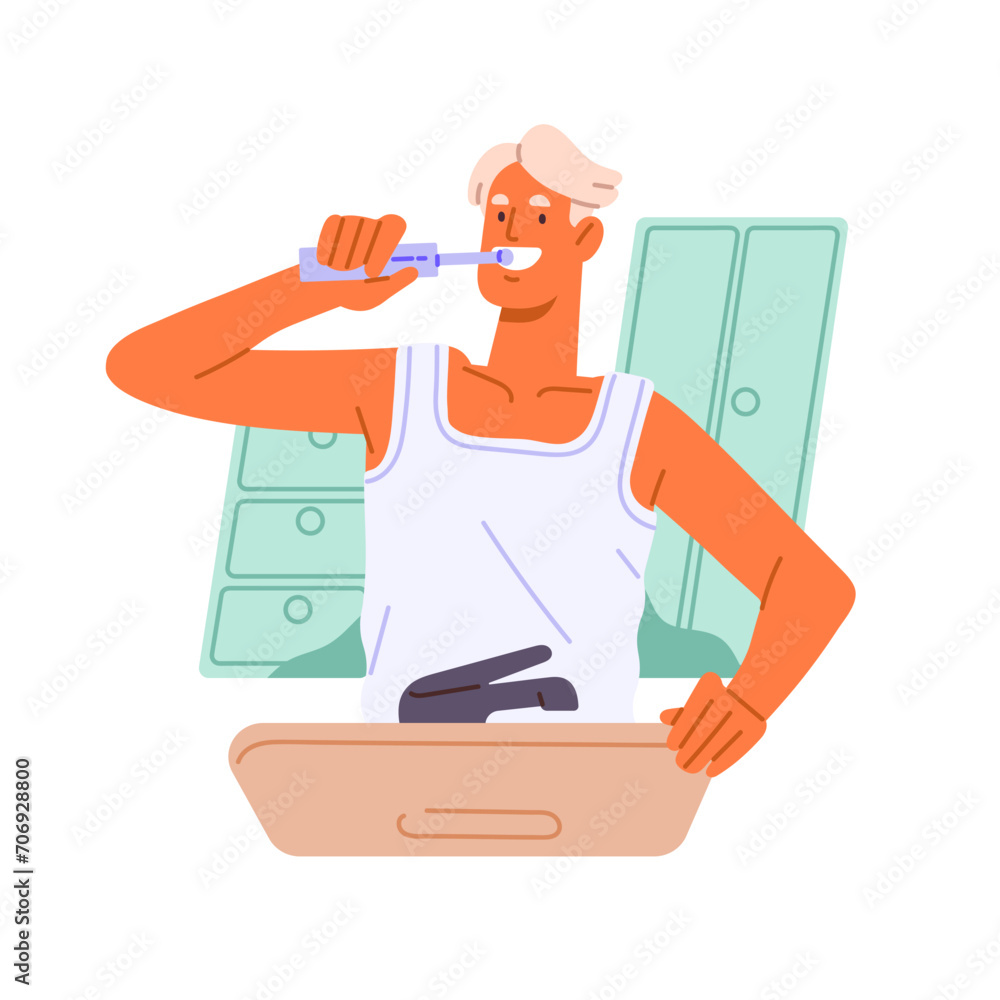 People brush teeth toothpaste. Young man cleaning tooth with electric toothbrush. Guy do water treatments. Dental hygiene, oral health. Morning routine. Flat isolated vector illustration on white