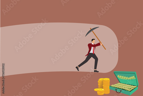 Treasure Chest, Digging, Deep, Treasure Chest, Businessman,