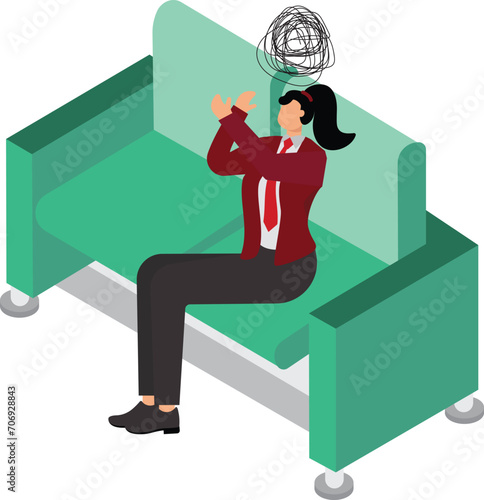 Pensive Businesswoman sitting on sofa amidst chaotic thoughts,