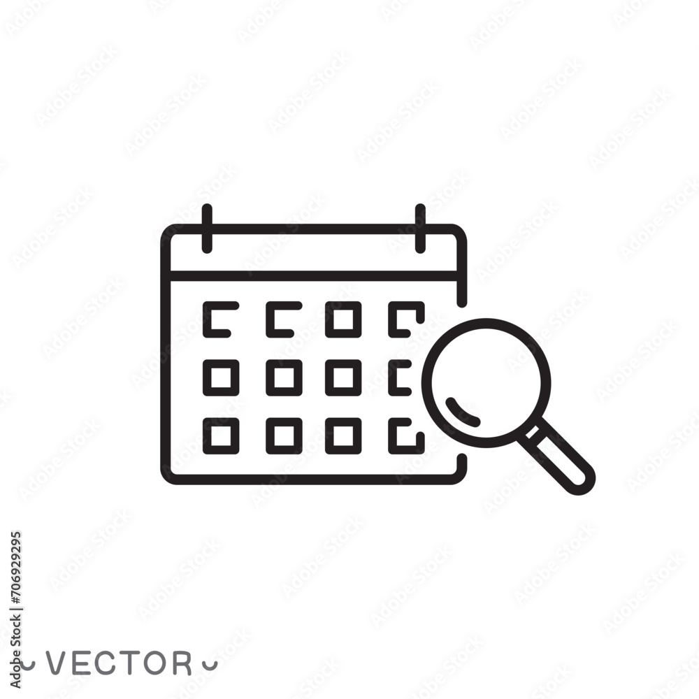 magnifier with calendar, looking date icon, schedule planning, day search, thin line symbol isolated on white background, editable stroke eps 10 vector illustration magnifier with calendar, looking date icon, schedule planning, day search, thin line symbol isolated on white background, editable stroke eps 10 vector illustration