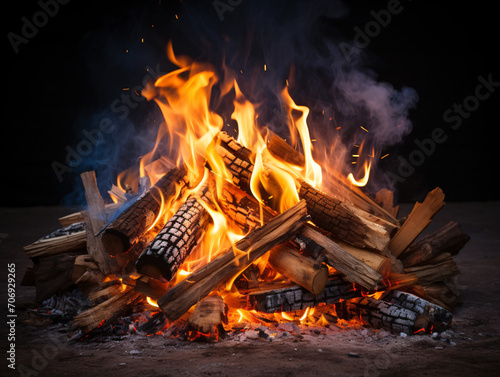 a pile of wood logs burning in a fire pit
