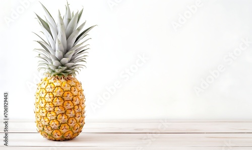 Pineapple on wood table and white background.