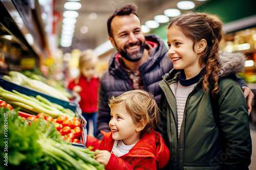 Una famila feliz de compras en el supermercado adquiriendo productos frescos de frutas y verduras.
