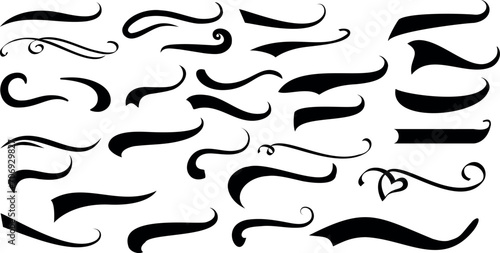 Black swirls, elegant vector art elements on white background. Collection of various shapes, curves, flourishes perfect for decoration, tattoo designs, logo creation. Includes heart-shaped swirl
