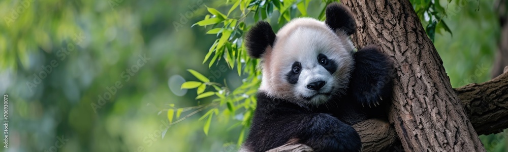 Obraz premium Giant panda eating bamboo. Banner