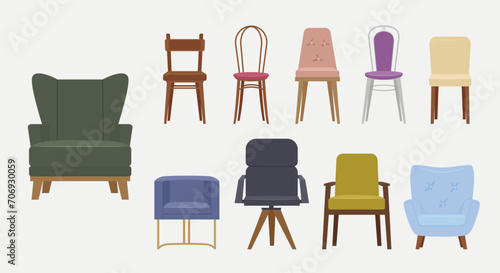 chairs. sofa, comfort seating living room furniture, armchair, stool, high chair, home, office seating furniture. vector flat cartoon modern furniture.