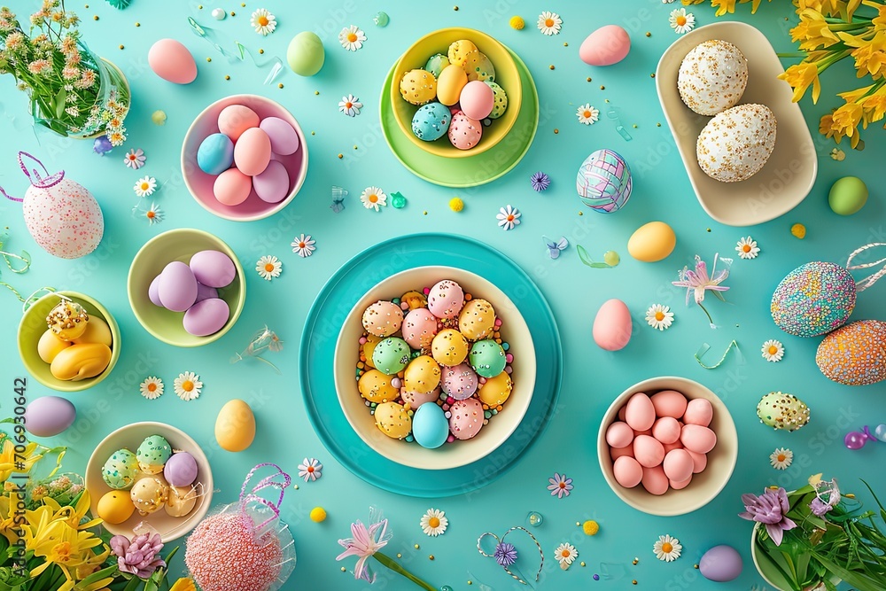 Easter party concept. Top view Sweet easter party background Spring holiday concept Easter party concept. Top view Sweet easter party background Spring holiday concept