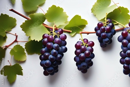 Bunches of ripe dark grapes on branches with green leaves on a white background. Fresh harvest of seasonal fruits.