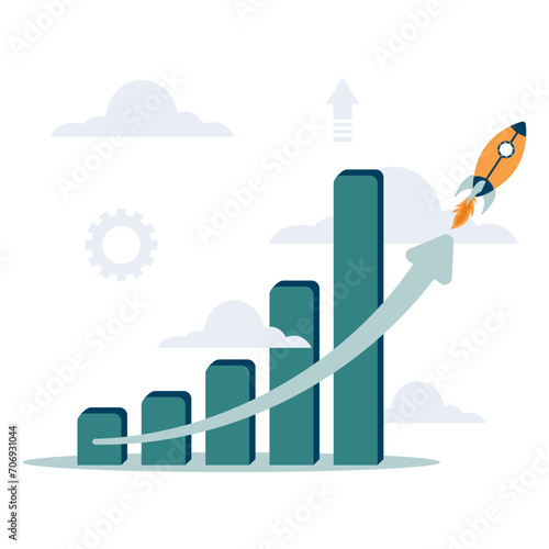 Exponential growth or compound interest, investment, wealth or earning rising up graph, business sales or profit increase concept, financial report graph with exponential arrow from flying rocket