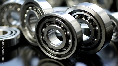 Ball bearings on a black background. Close-up of bearings. photo
