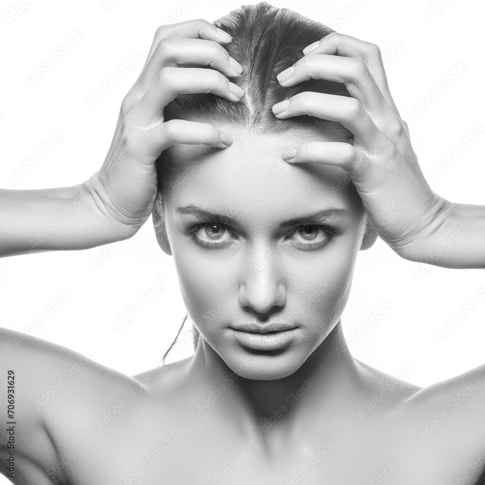 Obraz premium beauty face of woman with perfect skin. Black and white. Monochrome portrait