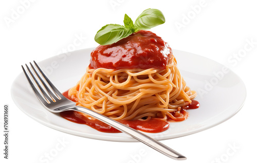 Delicious pasta spaghetti with tomato sauce garnished with a fresh basil leaf, cut out