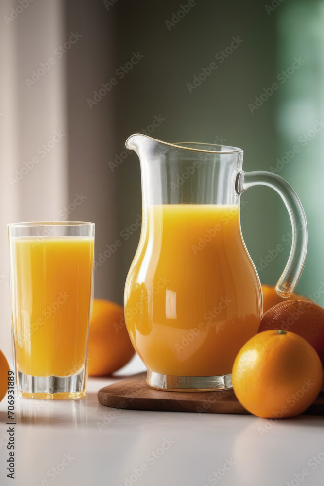 a glass with orange juice, next to a glass jug with orange juice on a white table a glass with orange juice, next to a glass jug with orange juice on a white table