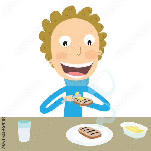 Boy spreading butter on toast to eat. Vector Illustration.