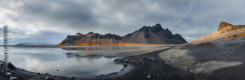 Landscape with mountains of water and black sand