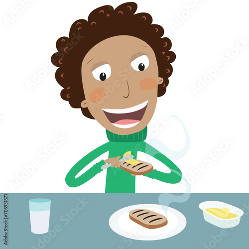 Funny boy spreading butter on toast to eat. Vector Illustration.