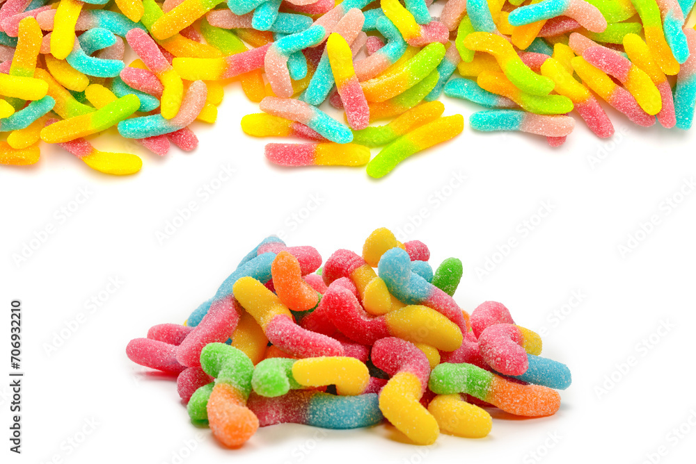 Frame of assorted gummy candies isolated on white. Top view. Space for text or design. Frame of assorted gummy candies isolated on white. Top view. Space for text or design.
