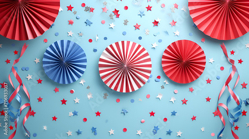 4th of July background, USA Presidents Day, Independence Day, Memorial day, US election concept. Red white and blue paper fans with stars confetti. Flat lay, top view, banner photo