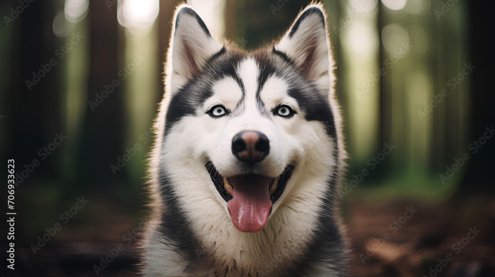 Close-up Siberian Husky dog smile, The background is smooth.