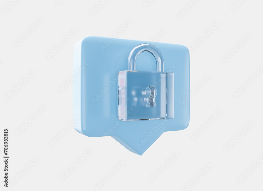 Speech bubble with Locked padlock icon in crystal glass style 3d render. Security, safety, encryption, protection, privacy concept. Cyber security internet and networking concept. Speech bubble with Locked padlock icon in crystal glass style 3d render. Security, safety, encryption, protection, privacy concept. Cyber security internet and networking concept.