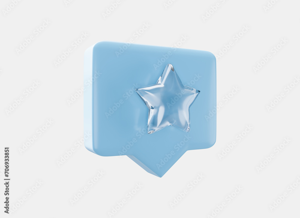 Speech bubble with star icon in crystal glass style 3d render. Customer feedback, review, or rating concept. Social star premium quality icon glass morphism Speech bubble with star icon in crystal glass style 3d render. Customer feedback, review, or rating concept. Social star premium quality icon glass morphism