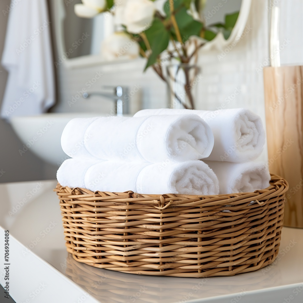 Bathroom interior with basket of towels and bathtub on table Bathroom interior with basket of towels and bathtub on table