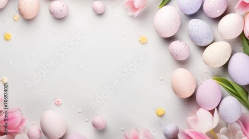 Flat lay of colorful Easter quail, chicken eggs and tulips on a delicate pastel white background with copy space in the middle. Top view, mock up, overhead, template. Easter, holiday, spring concepts.