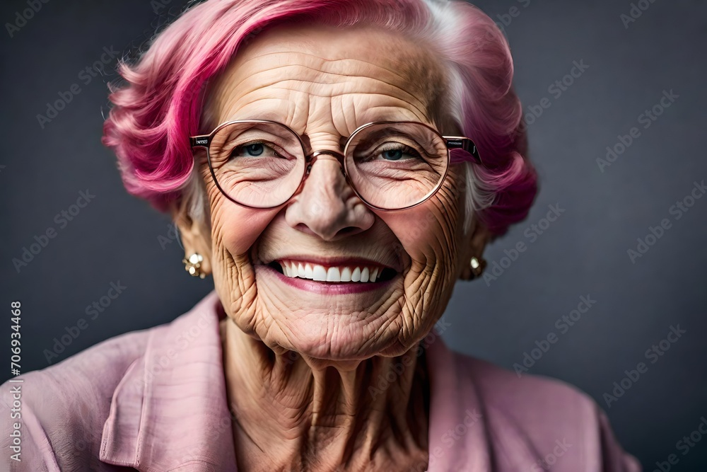 close-up professional studio photograph of a smiling senior white caucasian woman with pink hair in support of breast cancer awareness.