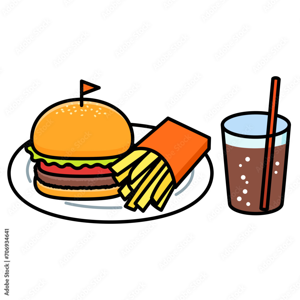 お皿に乗ったハンバーガーセット. お皿に乗ったハンバーガーセット.