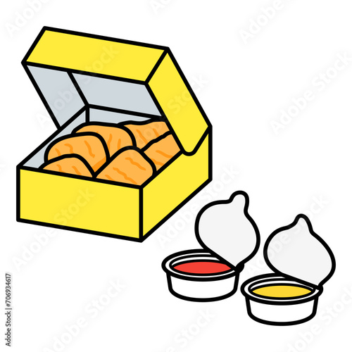 チキンナゲットのボックスと、ソース・ケチャップ.