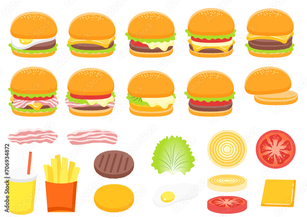 いろいろなハンバーガーその具材 イラストセット. いろいろなハンバーガーその具材 イラストセット.