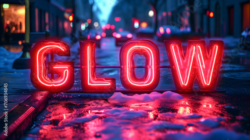 Neon glow word sign reflecting on a rainy urban street at night