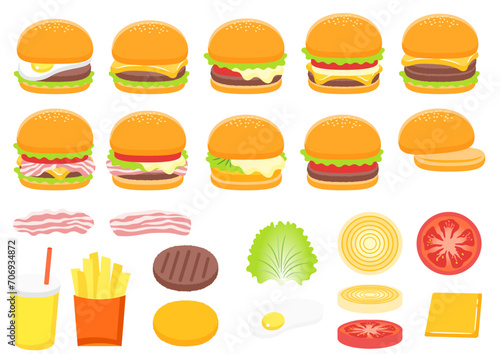 いろいろなハンバーガーその具材　イラストセット.