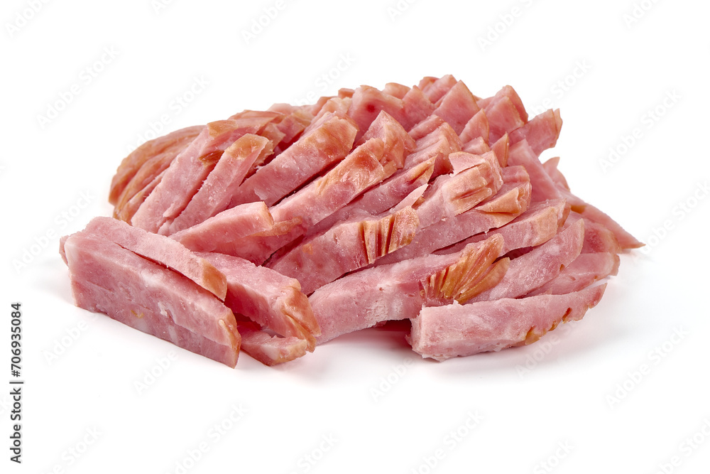Smoked ham sausage cut into strips, ingredients for cooking, isolated on white background.
