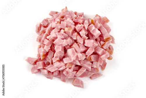 Diced ham sausage, ingredients for cooking, isolated on white background.