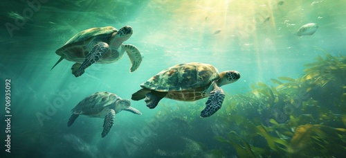 Sea turtles swimming gracefully through underwater seagrass. Marine life and conservation. © Postproduction
