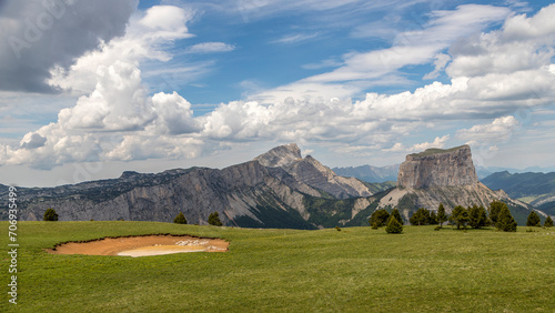 Mountain scenery with Mont Aiguille and Grand Veymont from the Tête Chevallière pond