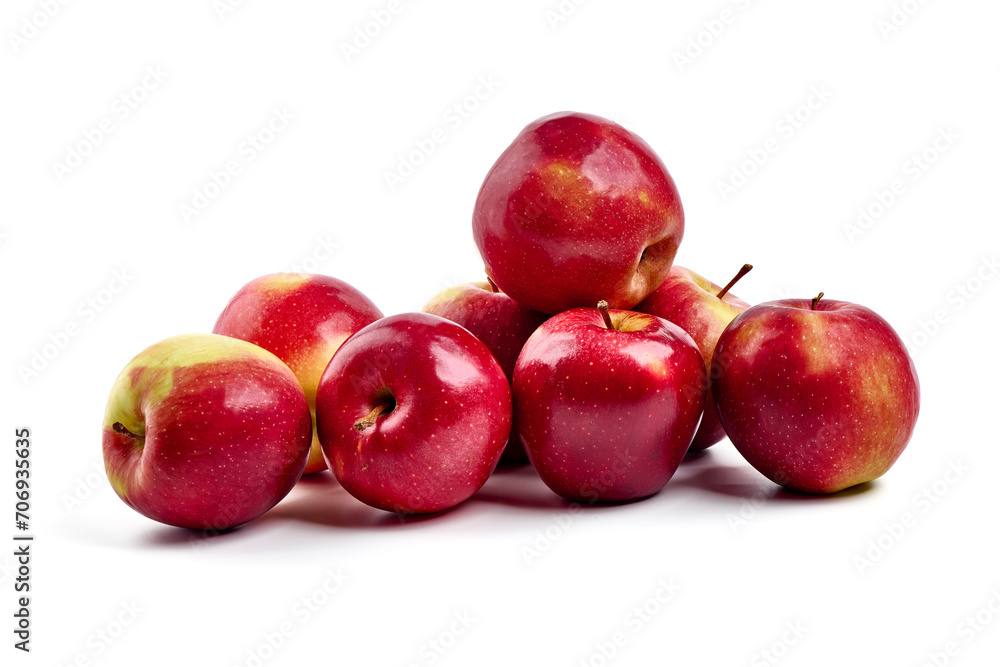 Obraz premium Shiny Red ripe apples, isolated on white background. Fresh raw organic fruits.