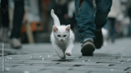 a kitty running around the city