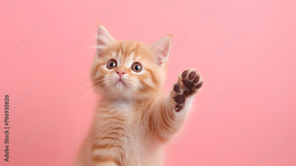 Funny ginger cat with its front paw raised on pink background. Funny ginger cat with its front paw raised on pink background.