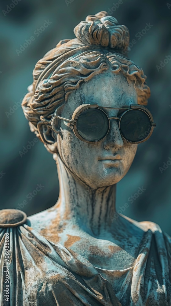 Obraz premium Ancient Greek goddess statue wearing sunglasses blurred background