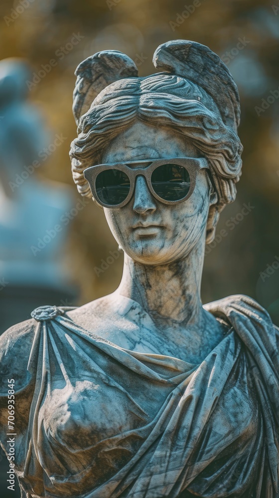 Ancient Greek goddess statue wearing sunglasses blurred background