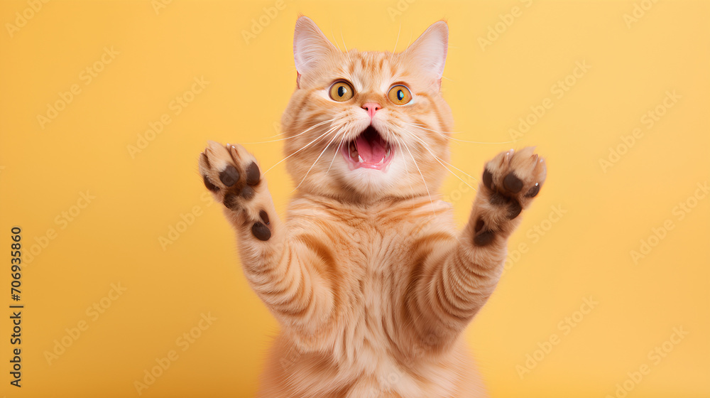 Funny ginger cat with its front paw raised on yellow background.