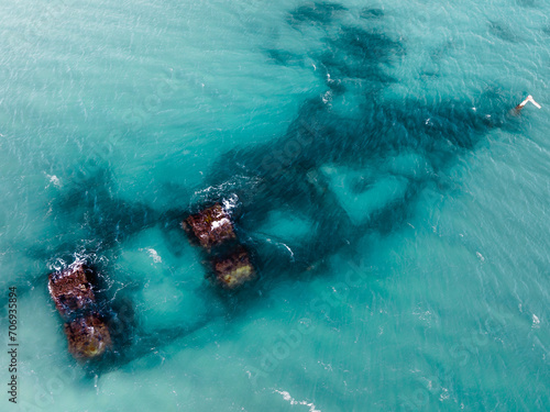 Arial view of SS Wollongbar ship wreck in Byron Bay, Australia photo