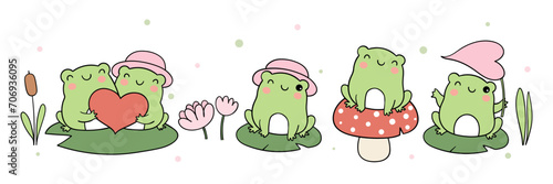 Draw vector character illustration banner cute frog For valentines day Love concept Doodle cartoon style